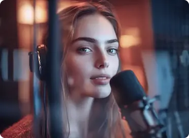 Блондинка в наушниках рядом с микрофоном